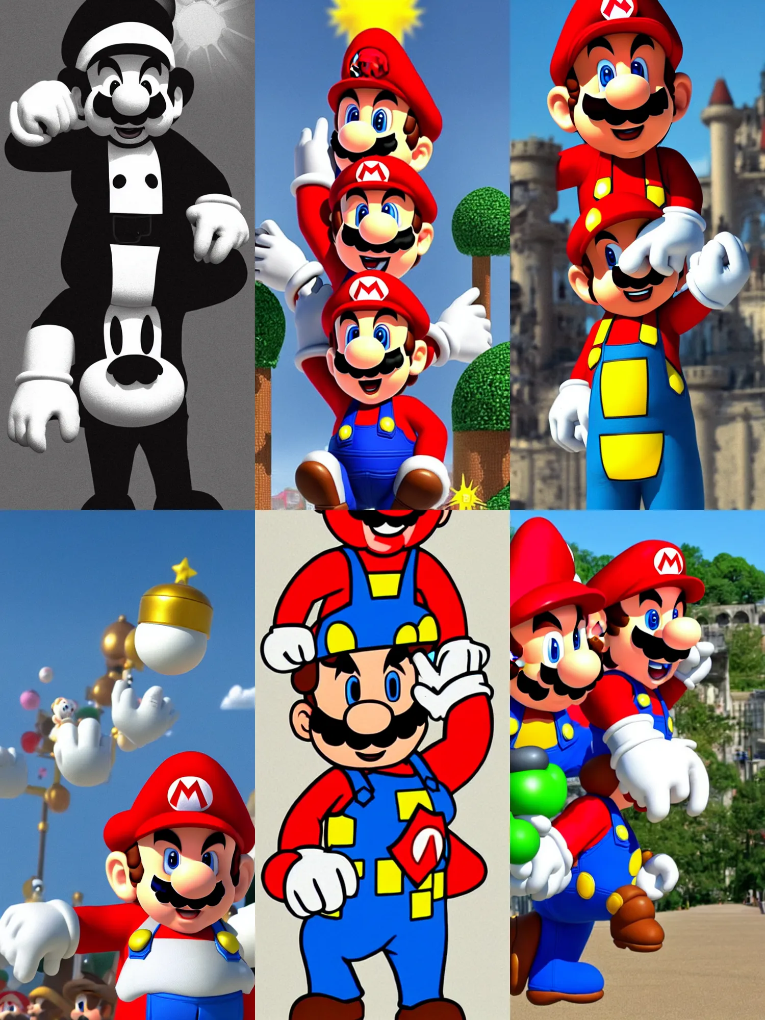 Prompt: Mario (Super Mario Bros) wearing a very very very tall top-hat that is so tall it touches the sun.