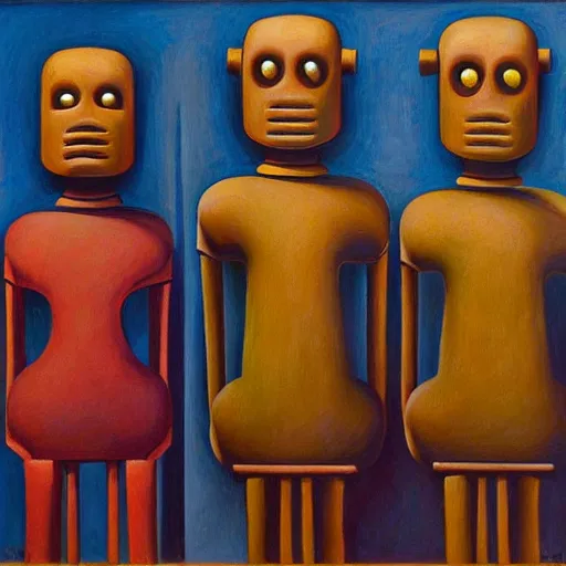 Image similar to queue of robot druids portrait, grant wood, pj crook, edward hopper, oil on canvas