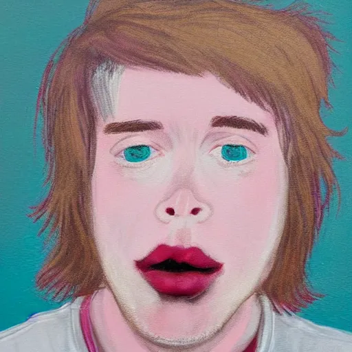 Prompt: portrait of 2 0 year old white man with big pink lips, messy medium length hair