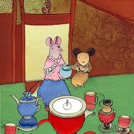 Image similar to russian mouse drinks tea from samovar with her little children, children book illustration, 9 k, watercolor