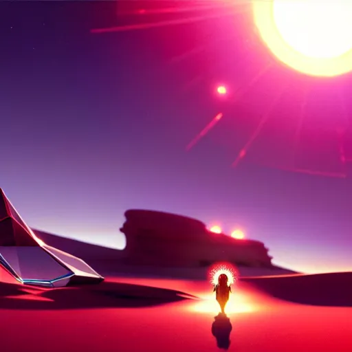 Prompt: big angular translucent crystal in the desert, reflection from the crystal is sparkling due to sun, small retro starship is near, futuristic hi-tech details, art by anthony macbain + greg rutkowski + alphonse mucha, concept art, 4k, sharp focus, cinematic render unreal engine