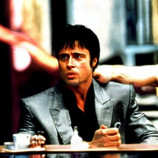 Prompt: film still of Brad Pitt as Tony Montana in Scarface