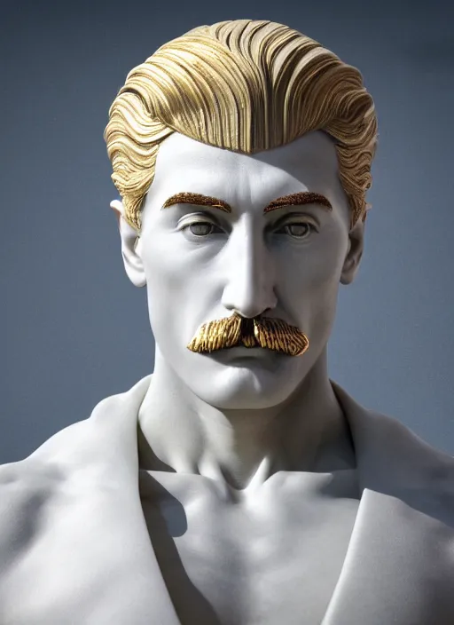 Image similar to a statue made of white marble with gold veins, of josef stalin, transhumanism, full body shot, perfect symmetrical body, perfect symmetrical face, hyper realistic, hyper detailed, by johannen voss, by peter kemp, by monia merlo, by michelangelo, by ernst haeckel, by alex grey, octane render, blender, 8 k