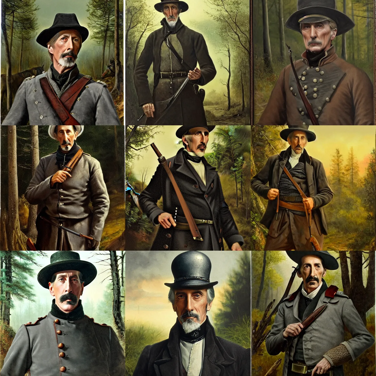 Prompt: a middle aged, martial, stark 19th century eastern european hunter with a large gray goatee and a hat looks similar to Jonathan Hyde and young Christopher Lee and young Christopher Lee. The background is a eastern european forrest. cinematic lighting, twilight, highly detailed, realistic, antique painting by Paul Brason
