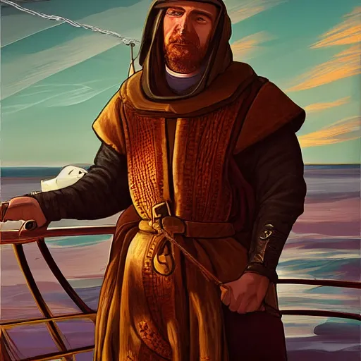 Image similar to portrait of a medieval ship pilot on a ship looking into the sunset on the sea, wearing breastplate, digital art, bokah, high fantasy art style