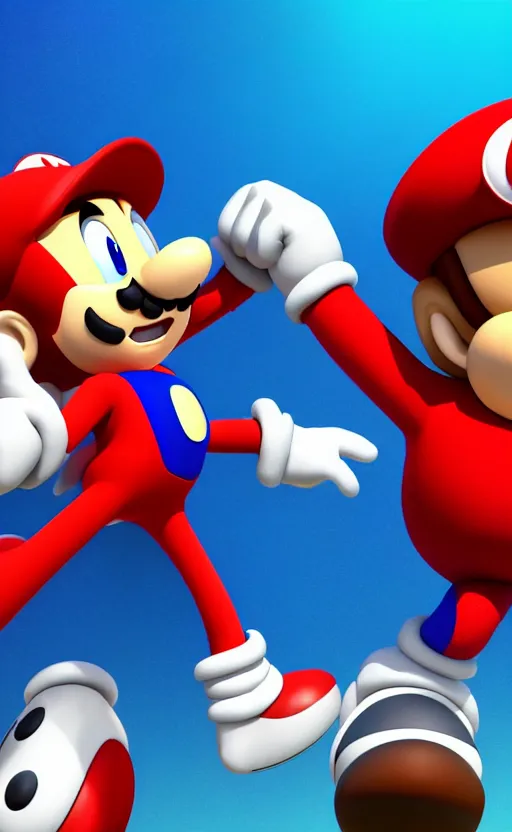 Image similar to a 3 d render of sonic hugging mario