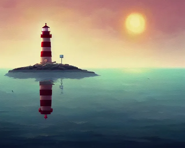 Image similar to painting of lighthouse in the sea by goro fujita, makoto shinkai, simon stalenhag, cinematic shot, exquisite lighting, clear focus, brush stroke, plain background, soft painting