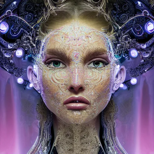 Prompt: very beautiful woman integrating with technology, full face frontal centered, portrait, insipiring, detailed intricate ornate cables connected to head, big open electric eyes, luxurious detailed abundent wiring and implants, diamonds, sci - fi, neon, emeralds, detailed technology full background with cyber flowers, highly detailed, artstation, cgsociety, 8 k rene lalique and eddie mendoza