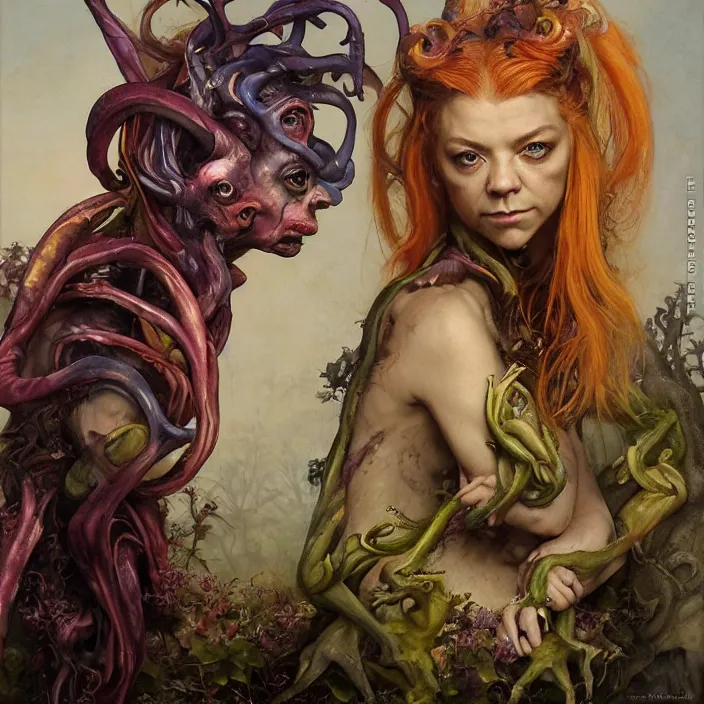 Image similar to a portrait photograph of natalie dormer as a elegant brightly colored satyr alien hybrid with wet mutated skin. wearing an infected organic catsuit. by tom bagshaw, donato giancola, hans holbein, walton ford, gaston bussiere, brian froud, peter mohrbacher and magali villeneuve. 8 k, cgsociety