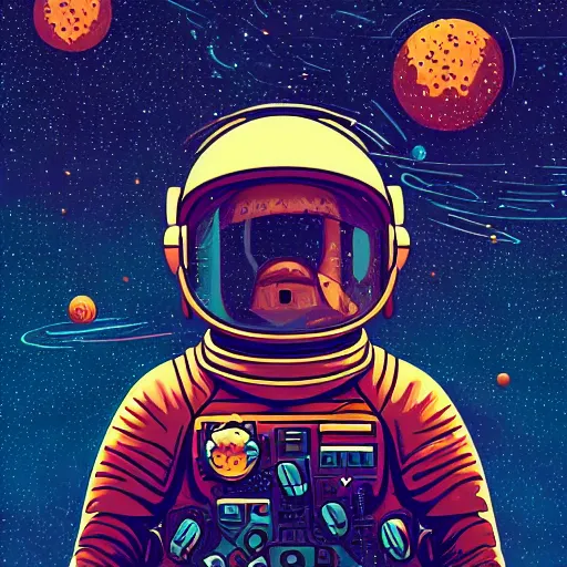 Prompt: astronaut inspired by René Laloux, Dan Mumford, stars, cinematic