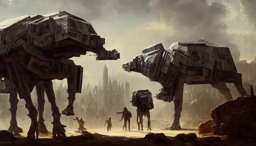 Image similar to baroque painting of at - at walking and destroying villages and cities, hyperdetailed, artstation, cgsociety, 8 k