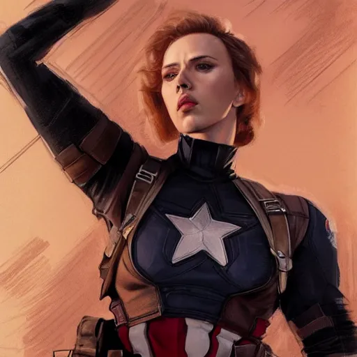 Prompt: a still of captain america played by by scarlett johansson wearing dieselpunk outfit, face portrait, hd shot, digital portrait, elegant, beautiful, fantasy art, artstation, comic style, by artgerm, guy denning, jakub rozalski, magali villeneuve and charlie bowater