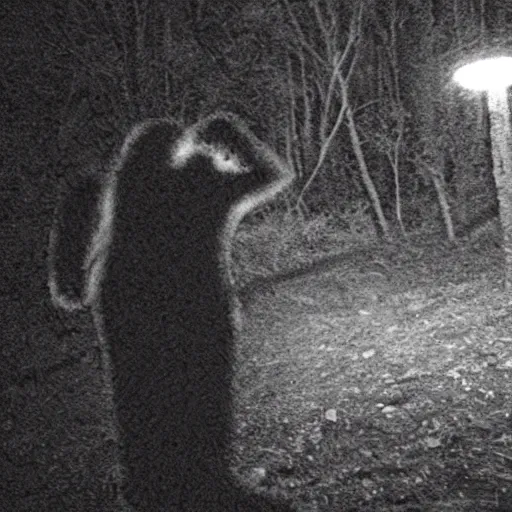 Image similar to creepy night vision trail cam footage of a morbidly obese Donald Trump