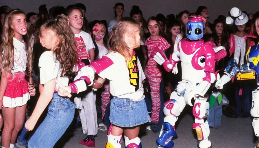 Image similar to 1990s candid photo of a middle school home coming dance with robot warrior rabbits, cinematic, UHD