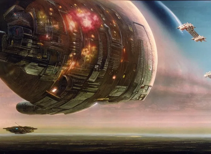 Image similar to starship, cinematic matte painting, peter elson, chris foss