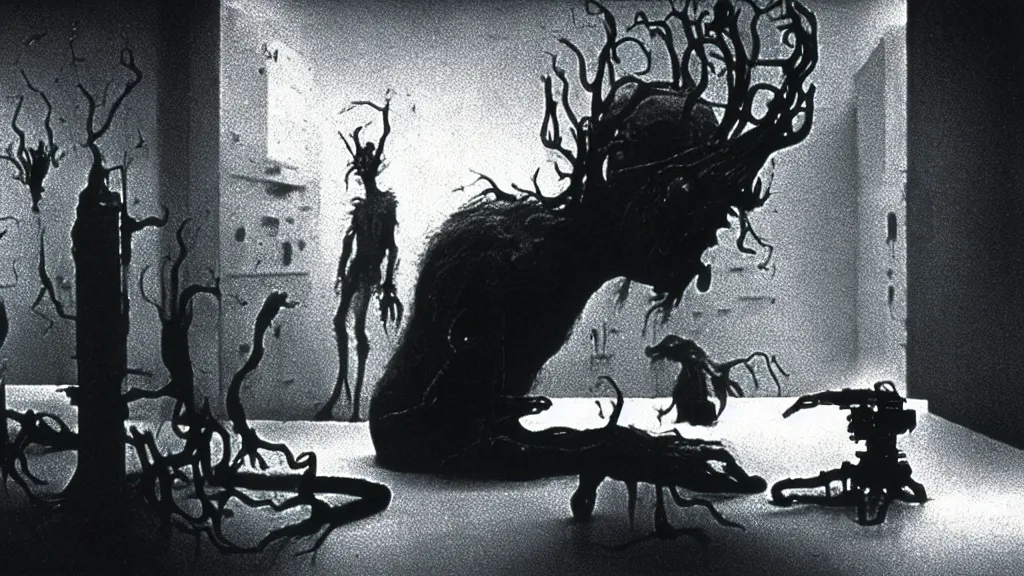 Image similar to a mad scientist in his lab, creates a creature, film still from the movie directed by denis villeneuve and david cronenberg with art direction by salvador dali and zdzisław beksinski, wide lens