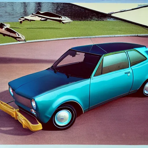 Image similar to A photograph of an AMC Gremlin with gull-wing doors, and purple upholstery.