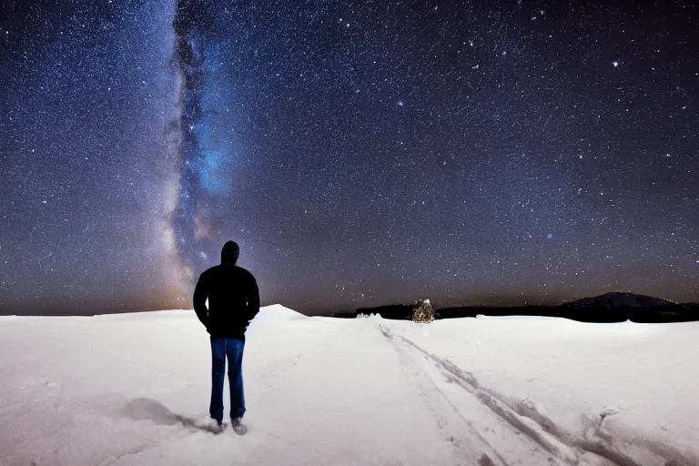 Image similar to a man standing in snow and looking up at the milky way