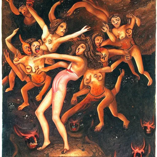 Image similar to painting of a woman falling into hell with a bunch of demons around her