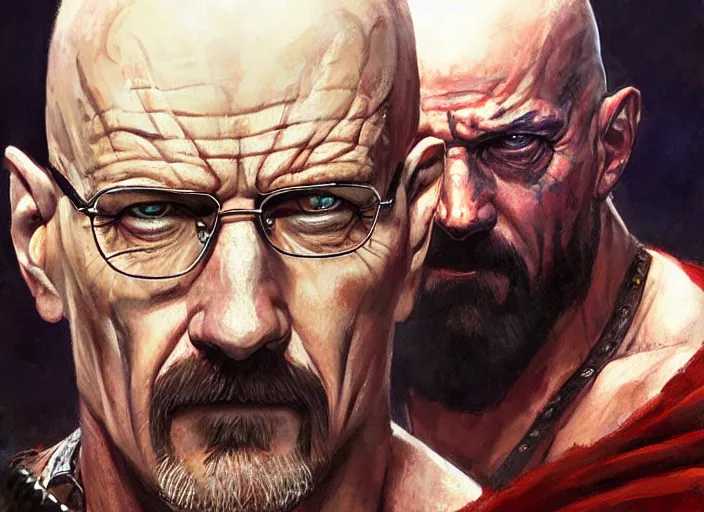 Image similar to a highly detailed beautiful portrait of walter white as kratos, by gregory manchess, james gurney, james jean