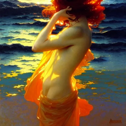 Image similar to sea of glossy liquid honey drops flowing like translucent amber, backlit, sunset, refracted lighting, art by collier, albert aublet, krenz cushart, artem demura, alphonse mucha