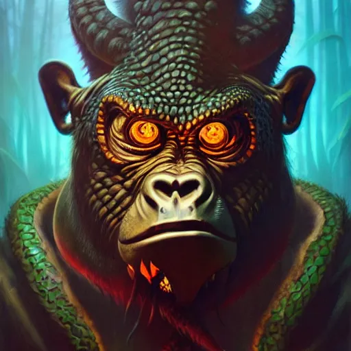 Image similar to side profile of barong family member, wiwek, mara demon, one single tribe member, jungle, one single mask, dark, ancient warrior, gorilla, lizard, tribal, inner glow, paint by peter mohrbacher and dan mumford and justin gerard