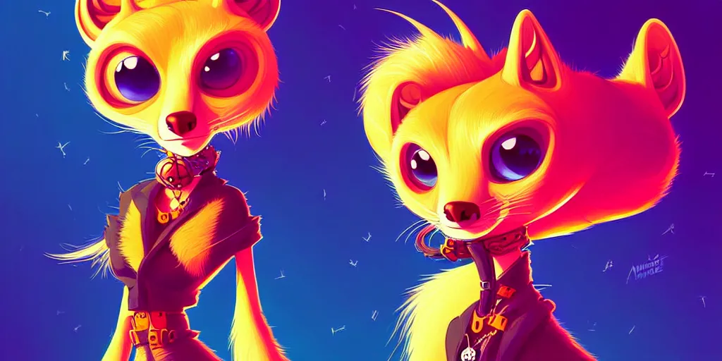 Image similar to curved perspective, extreme narrow, extreme fisheye, digital art of a female marten animal cartoon character wearing jewlery with blonde hairstyle by anton fadeev from nightmare before christmas