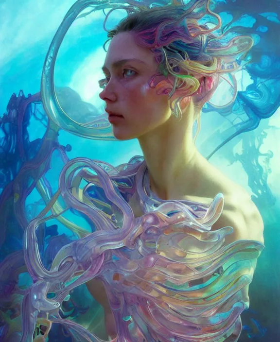 Image similar to colorful transparent portrait of a terrifying beautiful alien sea creature, mottled coloring, adorable, childlike, biopunk environment, ultra realistic, concept art, art nouveau, photorealistic, octane render, 8 k, unreal engine. art by christopher marley and artgerm and greg rutkowski and alphonse mucha