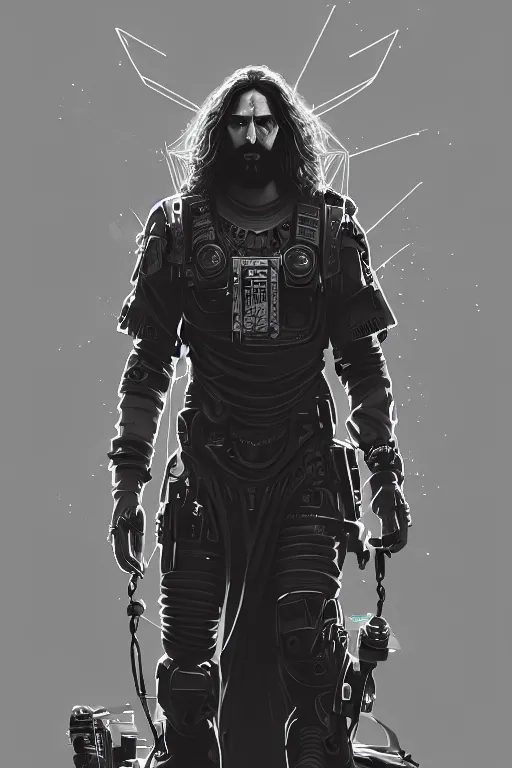 Image similar to a full length portrait of cyberpunk jesus, grim - lighting, high - contrast, intricate, elegant, highly detailed, digital painting, artstation, concept art, smooth, sharp focus, illustration