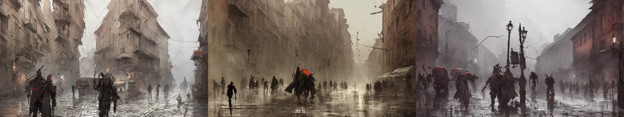 Prompt: Streets of Vilnius, papyrus, watercolored, jakub rozalski, dishonored, artstation