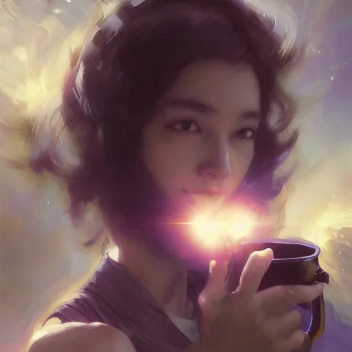 Image similar to A man drinking a cup of cosmic energy bright light, illustration by Ruan Jia and Mandy Jurgens and William-Adolphe Bouguereau, Artgerm, 4k, digital art, surreal, anime style, space dandy style, highly detailed, godsend, artstation, digital painting, concept art, smooth, sharp focus, illustration by Ruan Jia and Mandy Jurgens and William-Adolphe Bouguereau, Artgerm