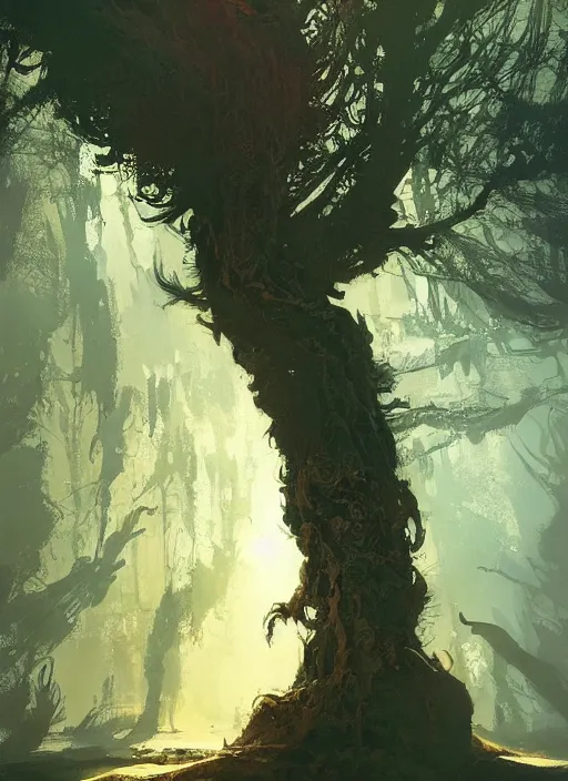 Image similar to giant tree, intricate, elegant, highly detailed, vivid colors, john park, frazetta, sparth, ruan jia, jeffrey catherine jones