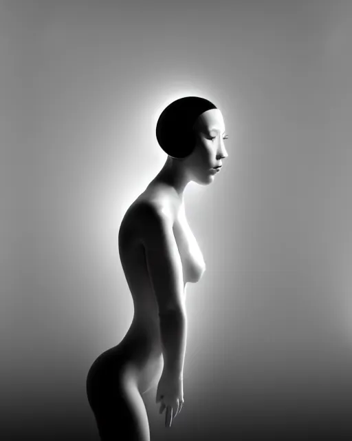 Image similar to black and white high quality photo of a beautiful female AI vegetal-cyborg looking into a sci-fi mirror, volumetric lighting, liminal space, brutalism, foggy, dreamy, hyperdetailed, bokeh, photorealistic, cinematic, masterpiece, elegant, dark, by Man Ray in the style of Horst P. Horst, octane render, 8K,