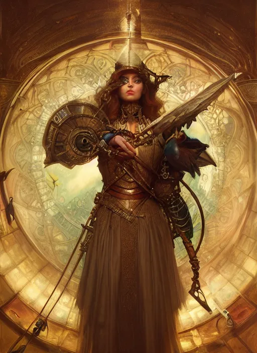 Image similar to hyper realistic knight casting a spell, refined details, denoised, birds eye view, magical, gems, jewels, gold, steampunk, cyberpunk utopia, painted by tom bagshaw, mucha, gaston bussiere, craig mullins, j. c. leyendecker 8 k