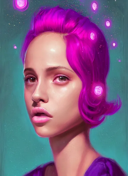 Image similar to portrait of teenage vanessa morgan with bright pink hair, vanessa morgan, curly pixie cut hair, wearing a purple breton cap, breton cap, hoop earrings, intricate, elegant, glowing lights, highly detailed, digital painting, artstation, concept art, smooth, sharp focus, illustration, art by wlop, mars ravelo and greg rutkowski