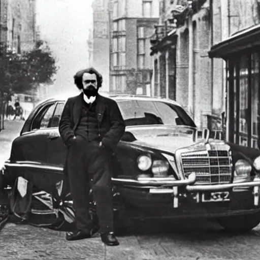 Image similar to karl marx standing by his gold mercedes