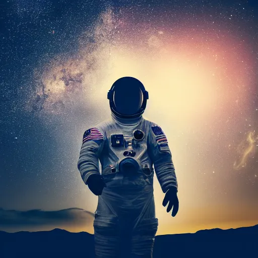 Prompt: astronaut silhouette with arms extended forward, bottom of arms lit by light coming from off camera, light coming from below, starry sky background, lit from below, full body photo,, 8 k