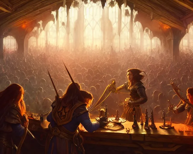 Prompt: photography of blind guardian playing a tavern concert, 8 k, deep focus, d & d, fantasy, intricate, elegant, highly detailed, digital painting, artstation, concept art, matte, sharp focus, illustration, hearthstone, art by artgerm and greg rutkowski and alphonse mucha