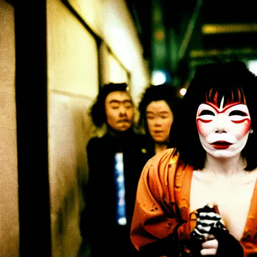 Image similar to Street photography, Bjork, a close up of several people leaving a seedy nightclub at 5am, they are smoking, someone is screaming, Kabuki makeup, Kodachrome