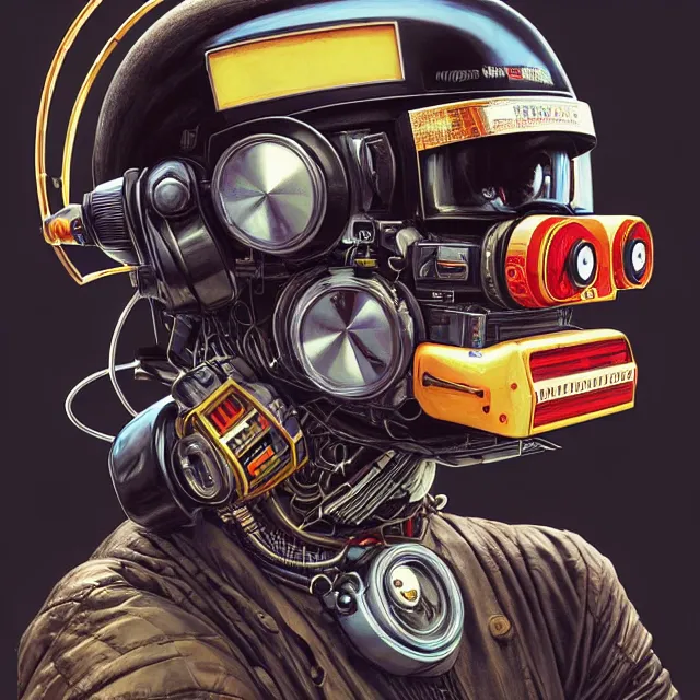 Image similar to a portrait of an anthropomorphic cyberpunk chimp in a motorcycle helmet by sandra chevrier, detailed render, tape deck, boombox, headphones, epic composition, cybernetics, 4 k realistic, cryengine, realistic shaded lighting, sharp focus, masterpiece, by matteo scalera, gary montalbano, peter elson in the style of the tokyo ghost comic