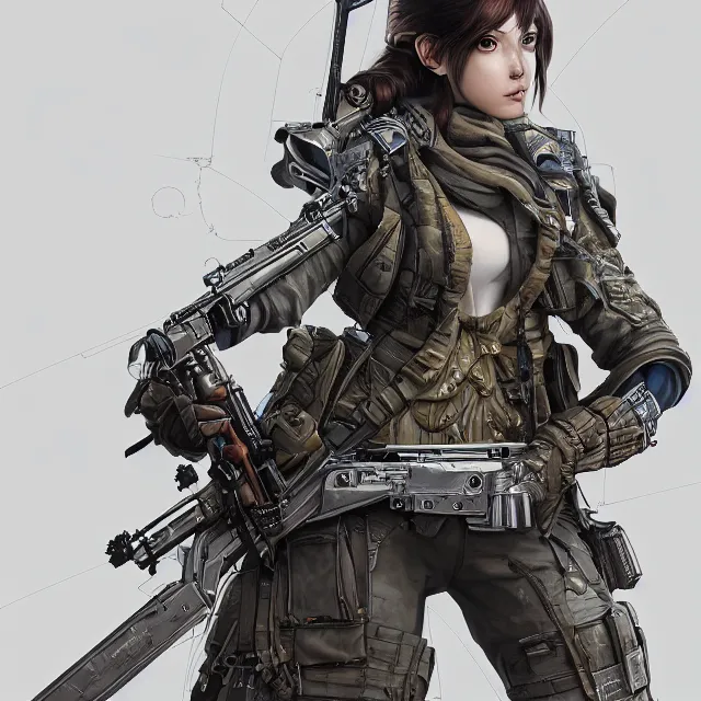 Image similar to the portrait of lawful neutral female futuristic infantry sniper as absurdly beautiful, gorgeous, elegant, young gravure idol, an ultrafine hyperdetailed illustration by kim jung gi, irakli nadar, intricate linework, bright colors, octopath traveler, final fantasy, unreal engine 5 highly rendered, global illumination, radiant light, detailed and intricate environment