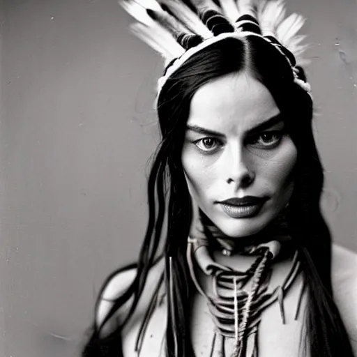 Prompt: margot robbie as a native american in the 1 8 0 0 s, photograph