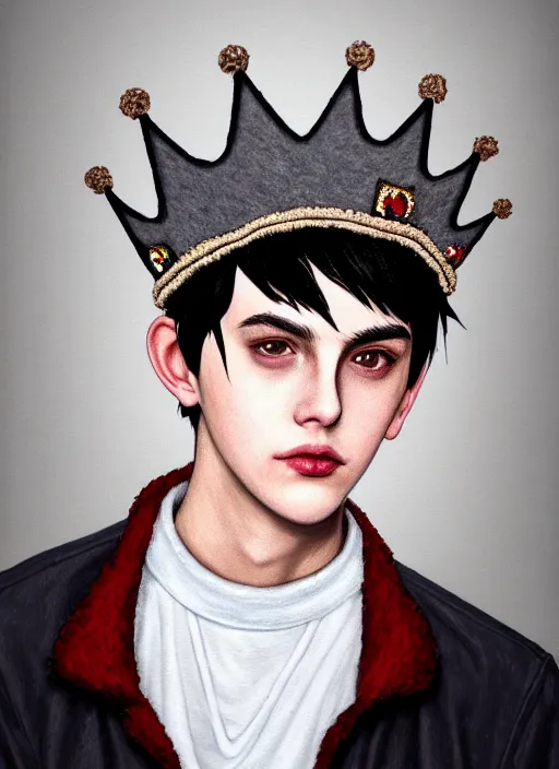 Prompt: portrait of teenage jughead jones wearing a light grey crown, photorealistic, crown made of fabric, crown with pin badges, crown with pins, crown made of felt, black hair, intricate, elegant, highly detailed, digital painting, glowing lights, artstation, concept art, smooth, sharp focus, illustration, art by wlop, mars ravelo and greg rutkowski