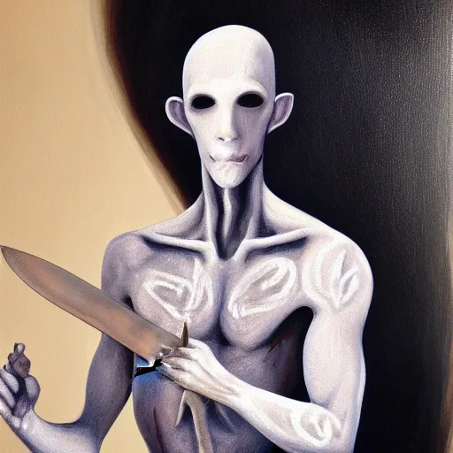 Prompt: fantasy painting of a pale man with a black blade covered in runes, painted by Michael Whalen, ultra detailed, 8k