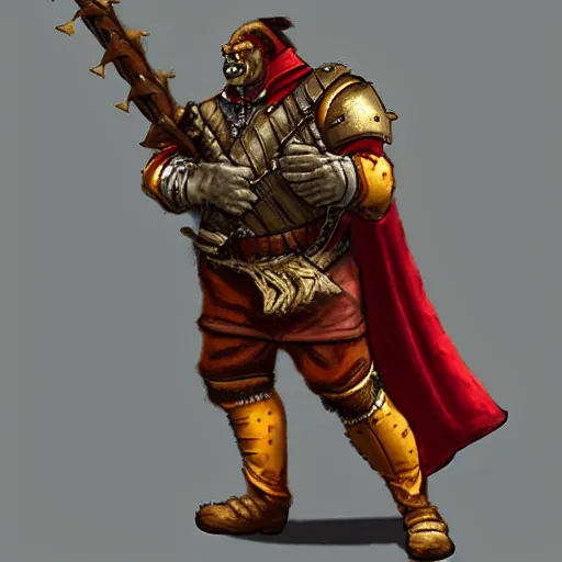 Prompt: Orc male readies his rifle, staring down the telescopic sights. His red and gold cape fluffers in the wind, and his renaissance era armor glistens in the sunshine.