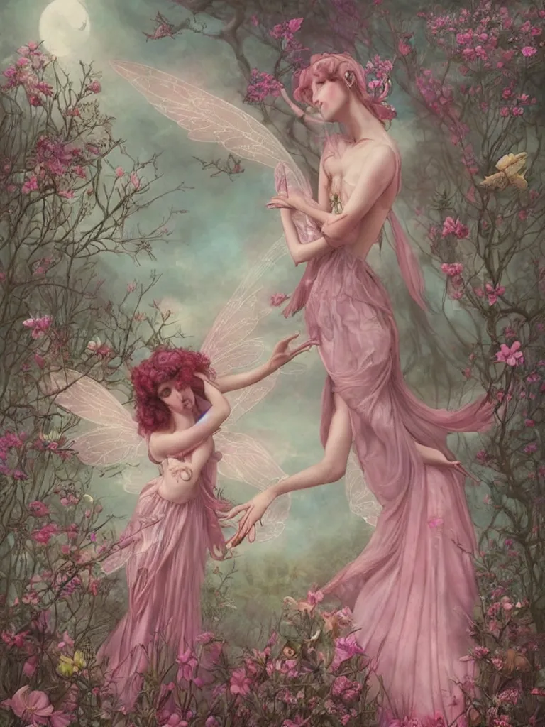 Image similar to one pink fairy with large wings exploring her lonely flower garden by herself in the style of tom bagshaw, extremely detailed, muted colors