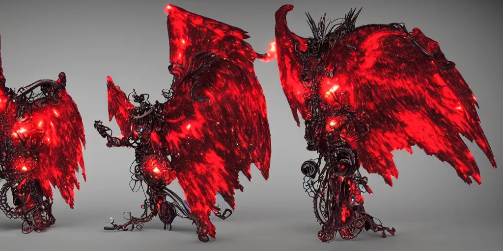 Image similar to pair of red mechanical demon wings, steampunk style, highly detailed, red houdini particle effects, glow, black background