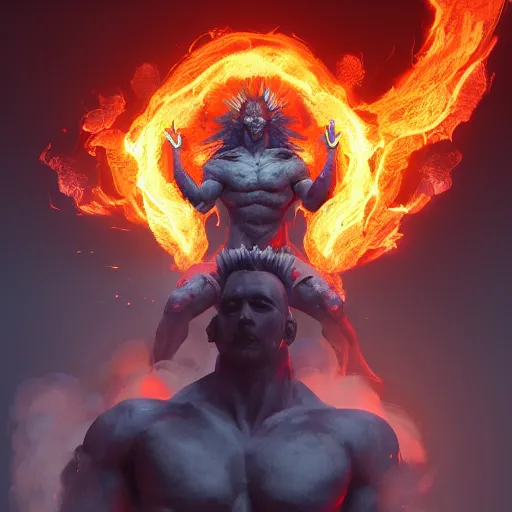 Image similar to a person kneeling before a gigantic god - like figure wrapped in smoke and flames. feature on artstation. digital art.