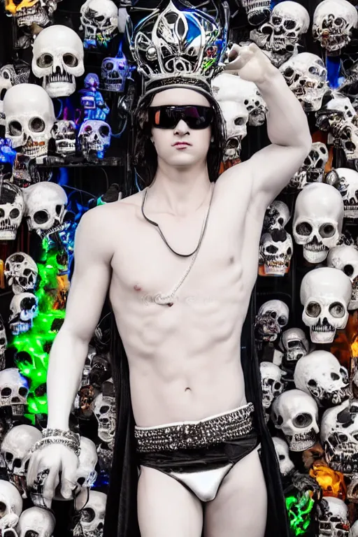 Image similar to full-body rococo and cyberpunk style neon statue of a young attractive Tanner Buchanan wearing cholo shades macho android sim roupa reclining con las piernas abertas, glowing white lasers, glowing eyes, white prince crown, black gears, diamonds, swirling mint-colored silk fabric. futuristic elements. full-length view. human skulls. large intricate artwork by caravaggio. Trending on artstation, octane render, cinematic lighting from the right, hyper realism, octane render, 8k, depth of field, 3D