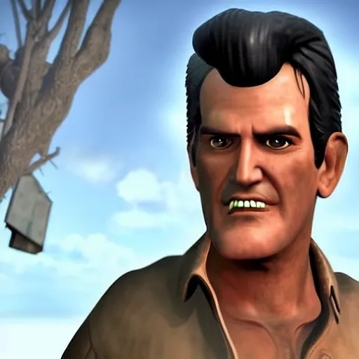 Image similar to a screenshot of bruce campbell in resident evil village. 3 d rendering. unreal engine. amazing likeness. very detailed. cartoon caricature